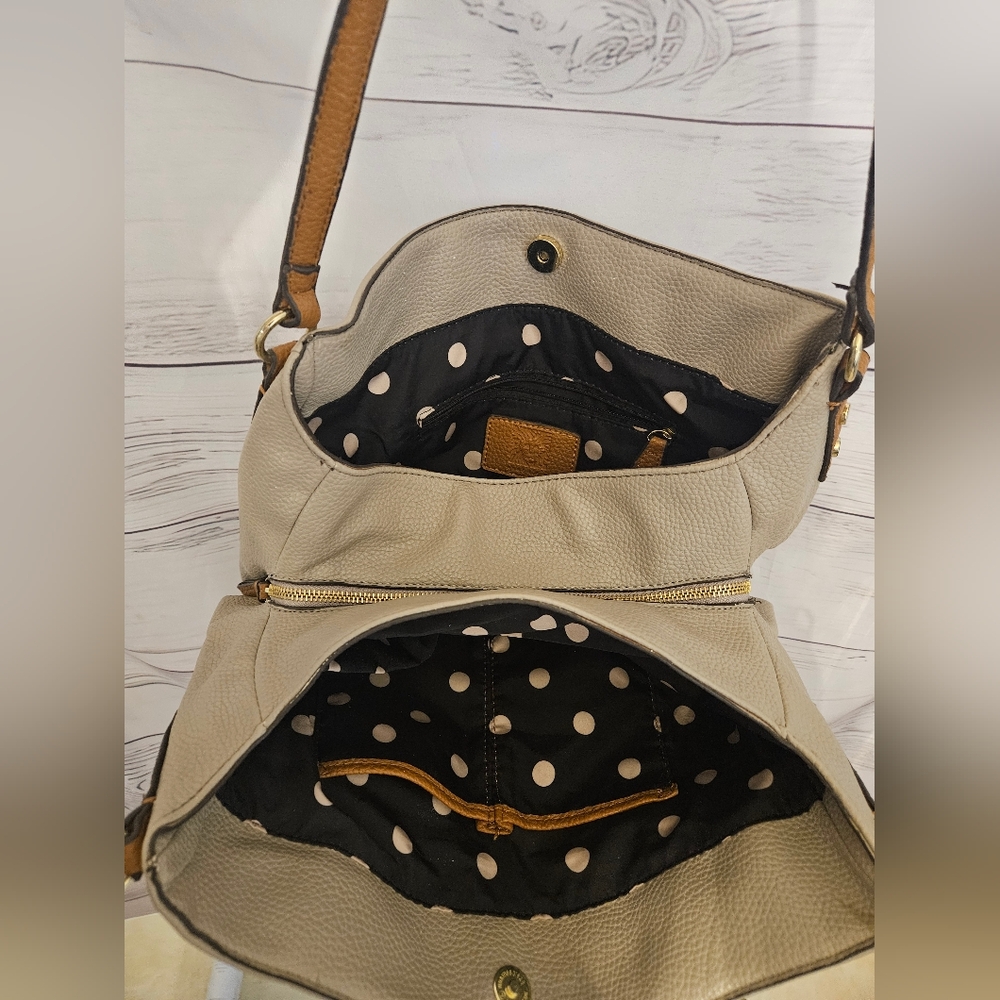 Anne Klein Colorblock Pebbled Faux Leather Shoulder Bag | Tan Cream Beige Tote - Picture 6 of 13